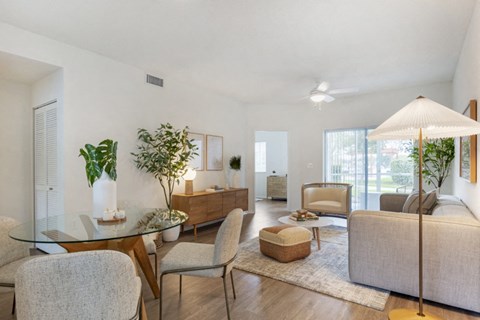 a living room with a couch and a table